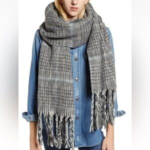 AllSaints Gray Brushed Wool Plaid Blanket Scarf